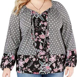 Style & Co. Womens Plus Floral Keyhole Peasant Top